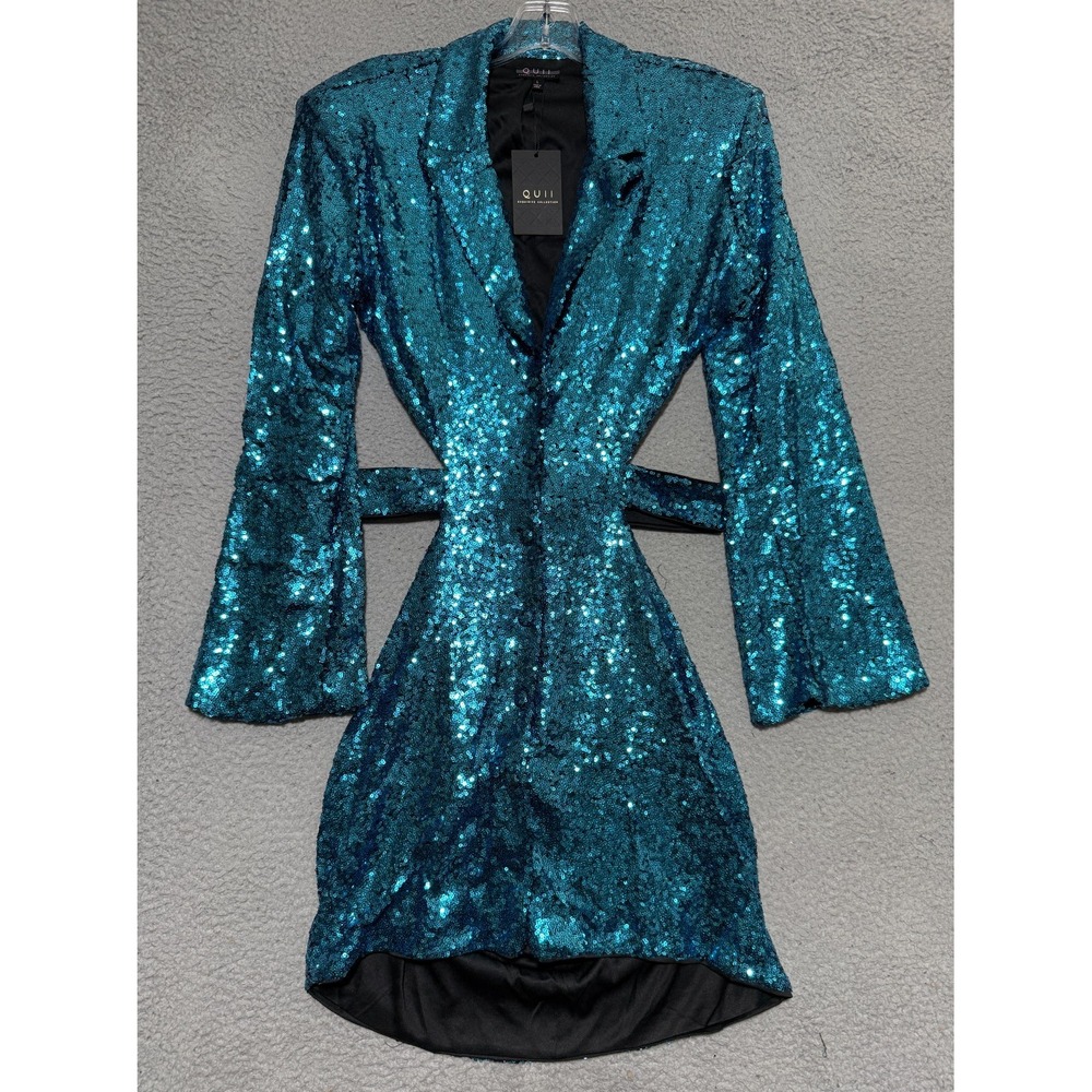 NEW Quii Exquisite Collection Teal Sequin Back Cutout blazer Dress Womens Large